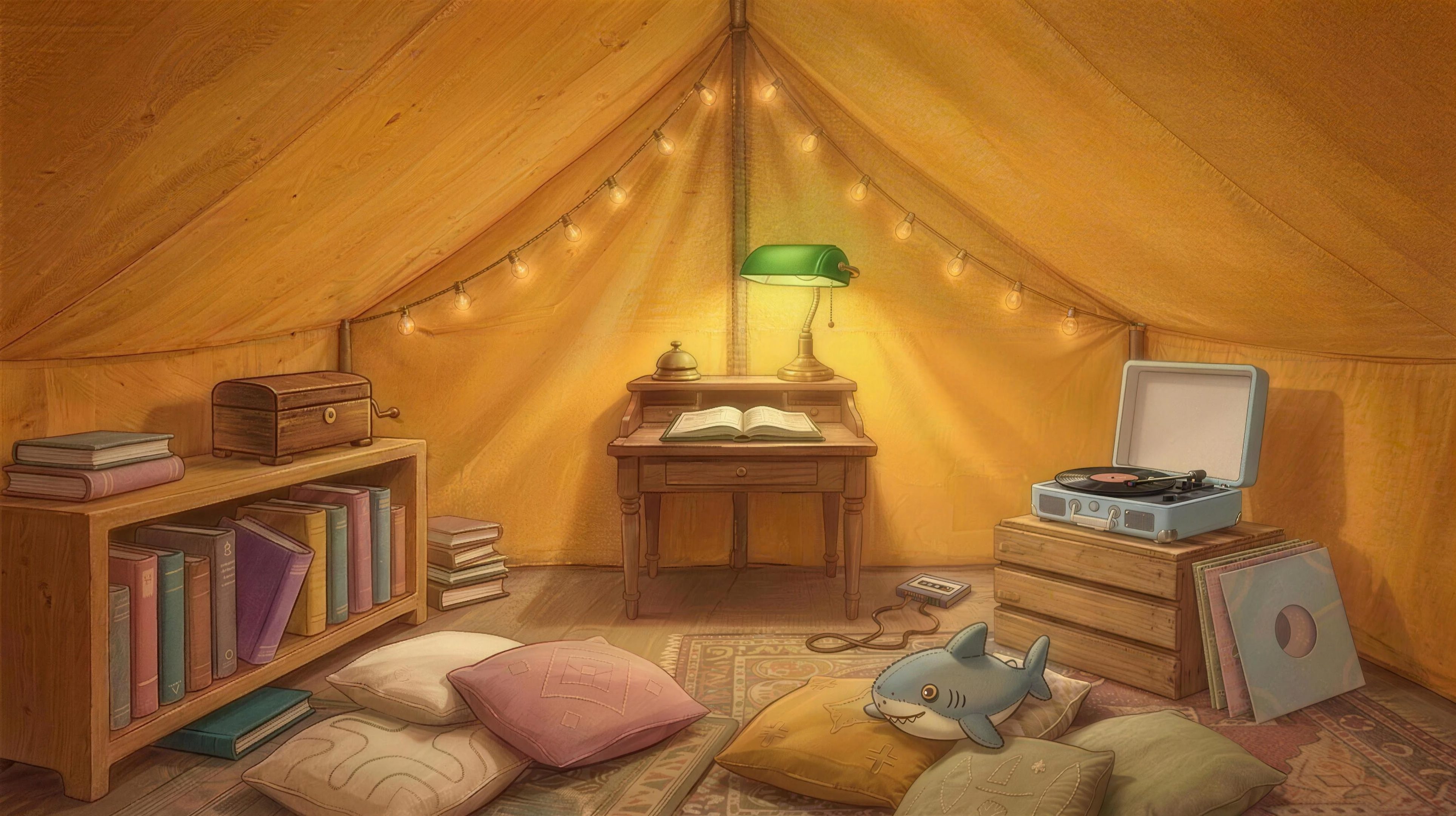 Inside the yellow tent: a low bookshelf, a keeper's desk with a green lamp and a brass bell, a pale blue record player, embroidered pillows on the rugs, a plush shark resting on the pillows, and a small cassette tape under the desk.